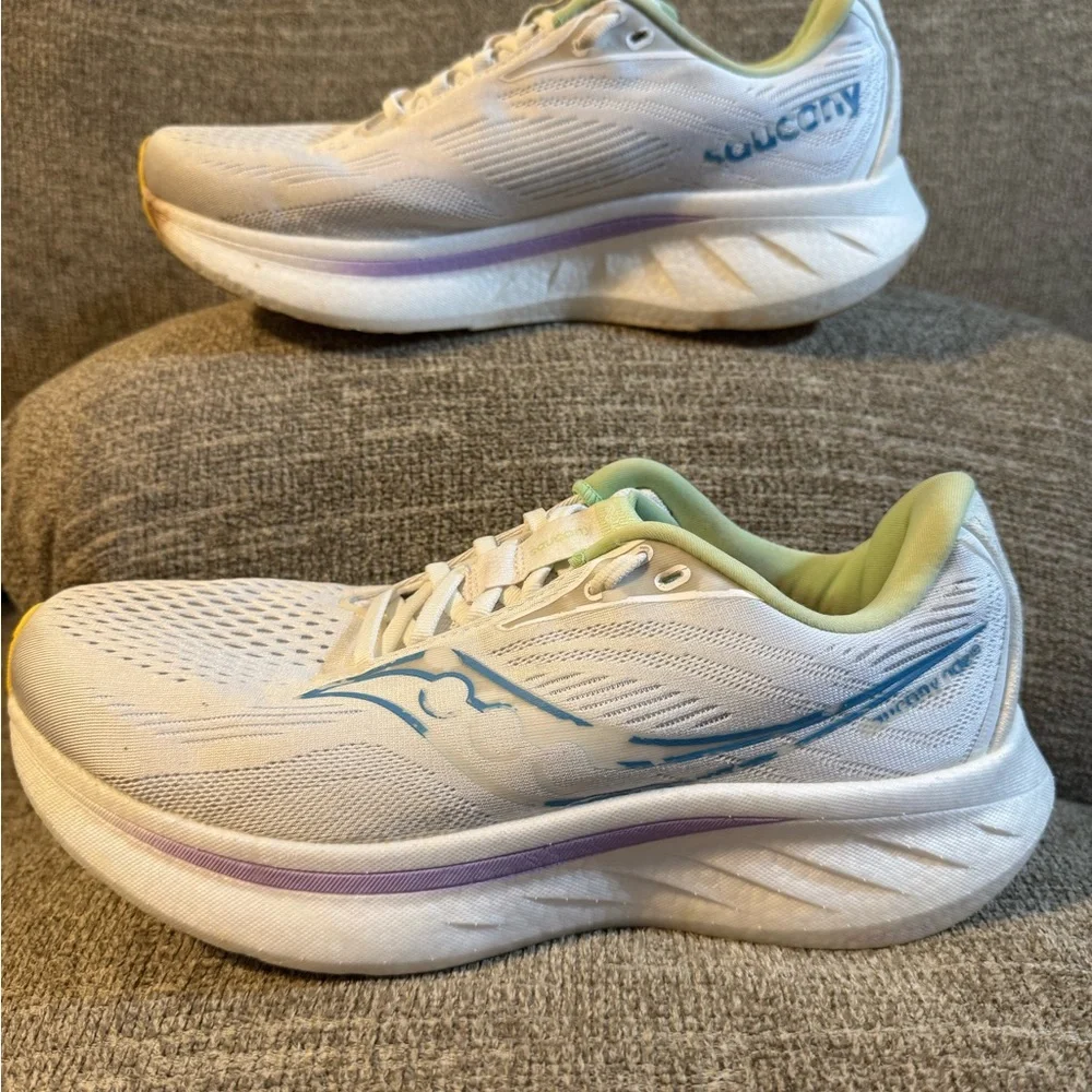 Saucony Ride 18 Women's White Running Shoes with Teal & Purple Accents Size 9.5 - Picture 2 of 11